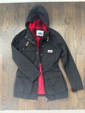 Penfield Black Hooded Anorak Jacket with Red Lining